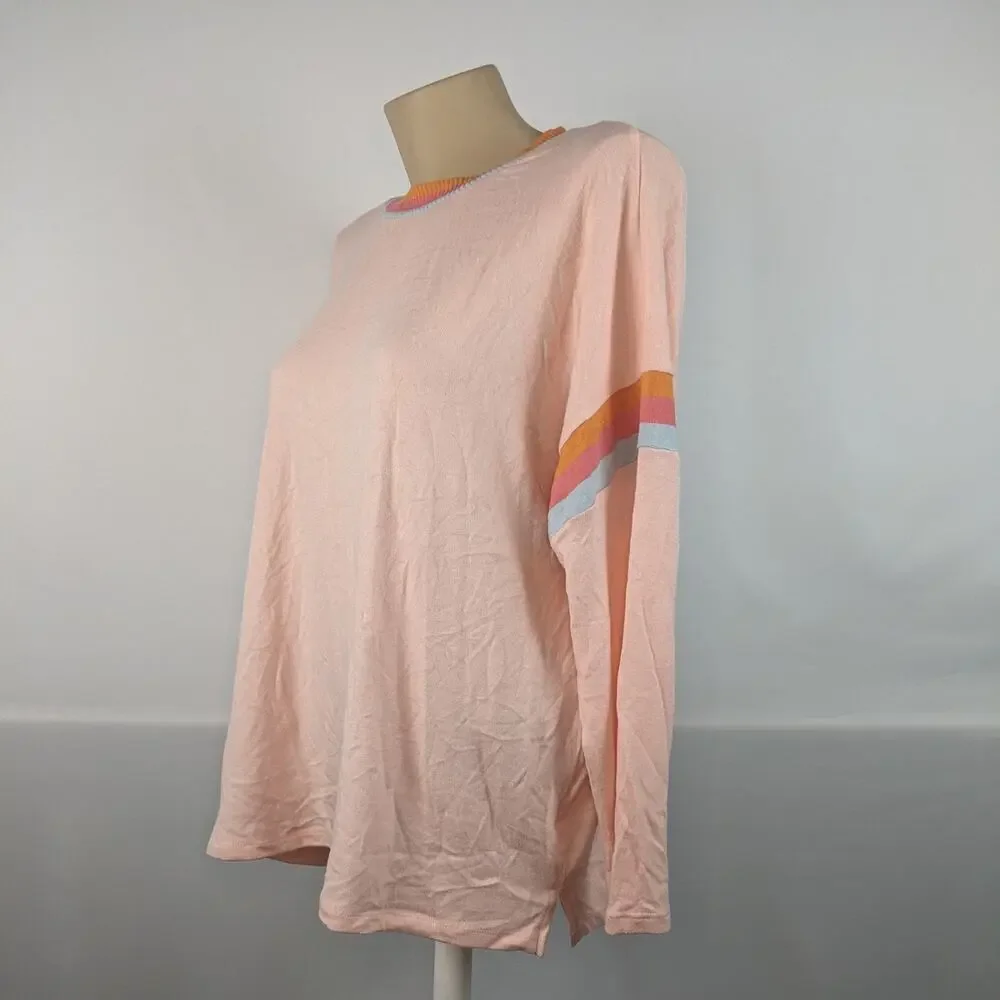 Style & Co Sweater Colorful Striped Trim Top Frosted Rose 0X‎ Stylish Crewneck